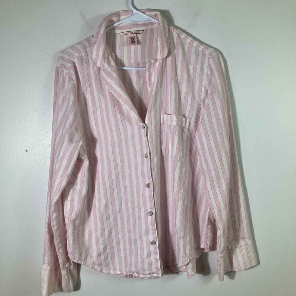 Womens Victoria's Secret Long Sleeve Button Top Pink White‎ Silver Stripe S